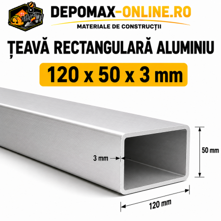 Teava rectangulara aluminiu 120 x 50 x 3 mm, 6 metri (EN AW-6060)